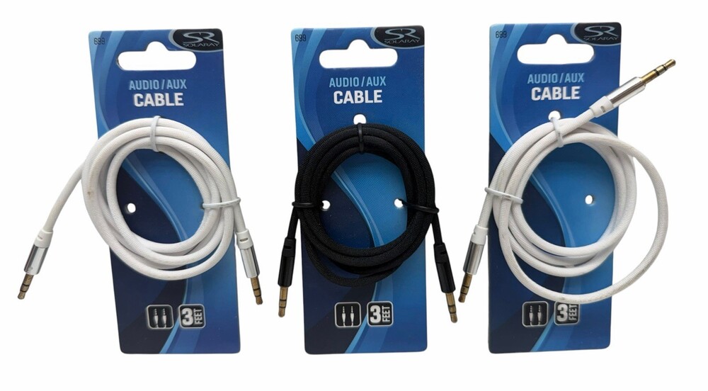 Solaray SR 3.5mm Audio AUX Cable 3ft Braided Male to Male Lot of 3 Black White